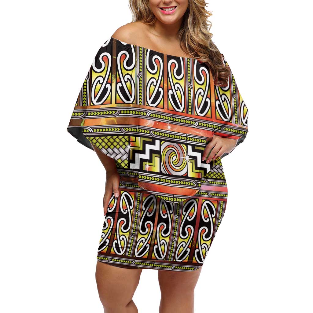 Maori Matariki Off Shoulder Short Dress Yellow Galaxy Aesthetic Koru Art