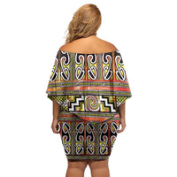Maori Matariki Off Shoulder Short Dress Yellow Galaxy Aesthetic Koru Art