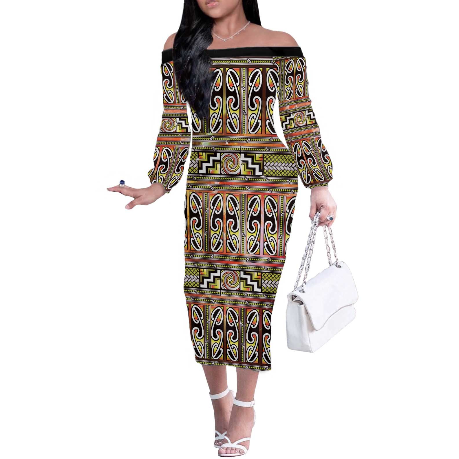 Maori Matariki Off The Shoulder Long Sleeve Dress Yellow Galaxy Aesthetic Koru Art
