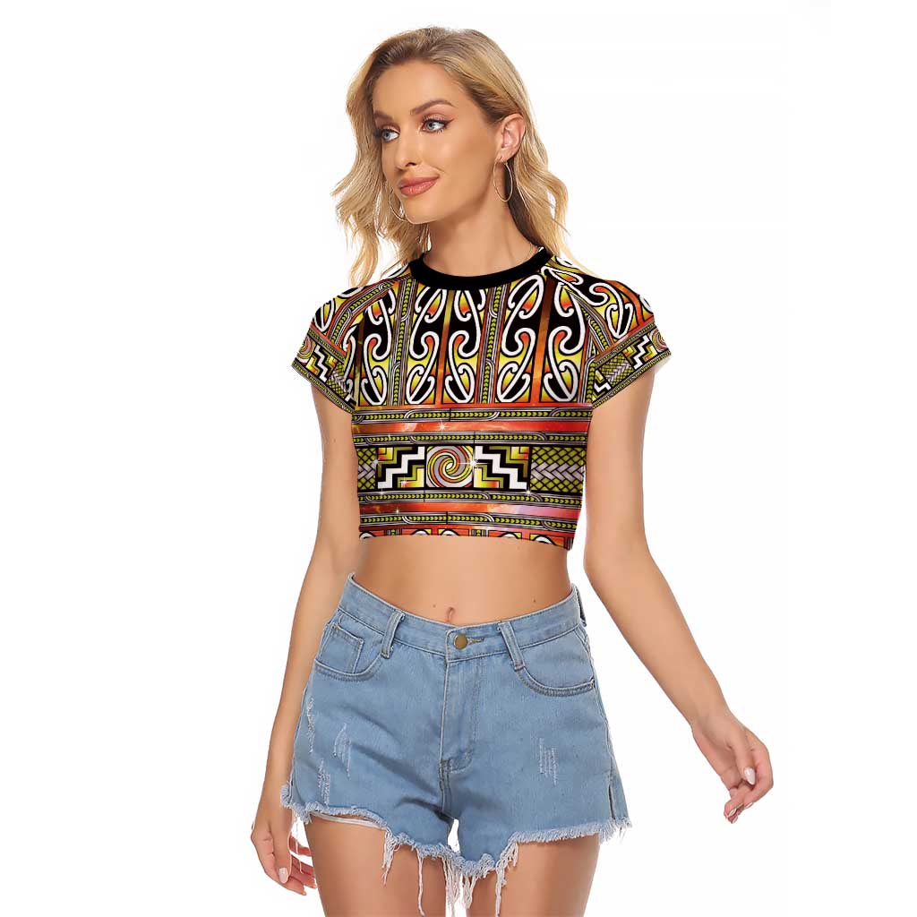 Maori Matariki Raglan Cropped T Shirt Yellow Galaxy Aesthetic Koru Art