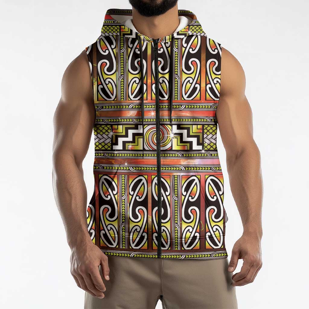 Maori Matariki Sleeveless Zip Hoodie Yellow Galaxy Aesthetic Koru Art LT01 - Polynesian Pride