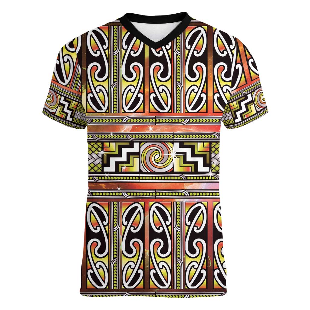 Maori Matariki Women V-Neck T-Shirt Yellow Galaxy Aesthetic Koru Art LT01 Female Yellow - Polynesian Pride