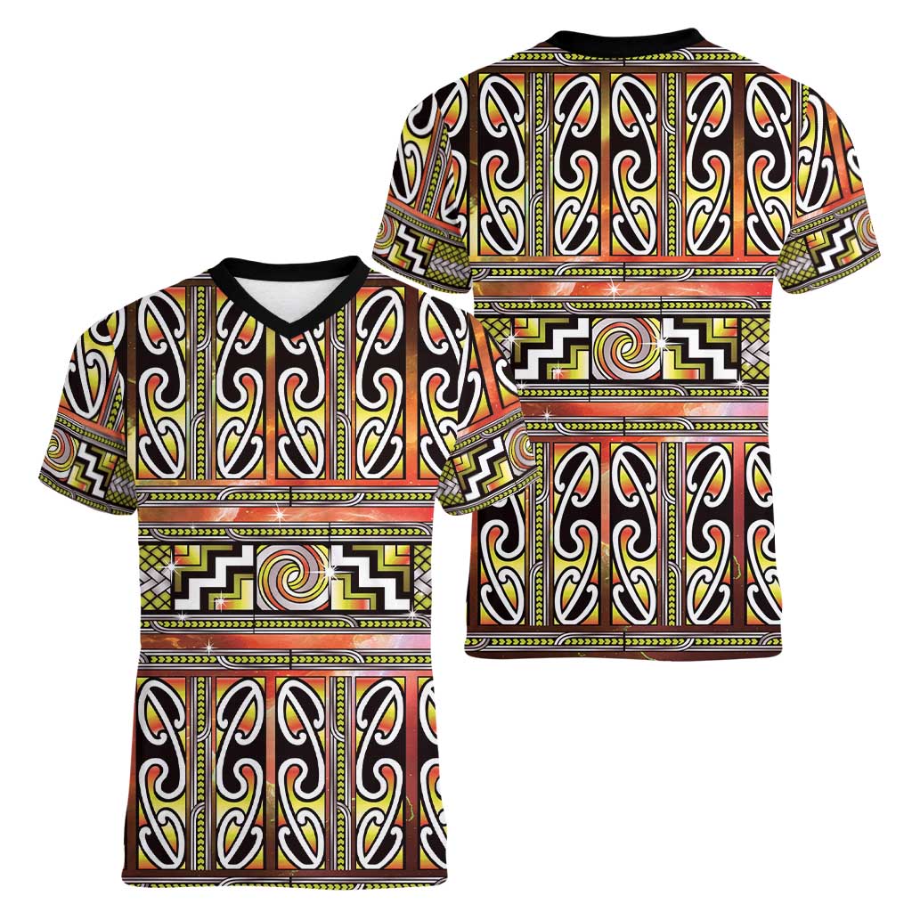 Maori Matariki Women V-Neck T-Shirt Yellow Galaxy Aesthetic Koru Art LT01 - Polynesian Pride