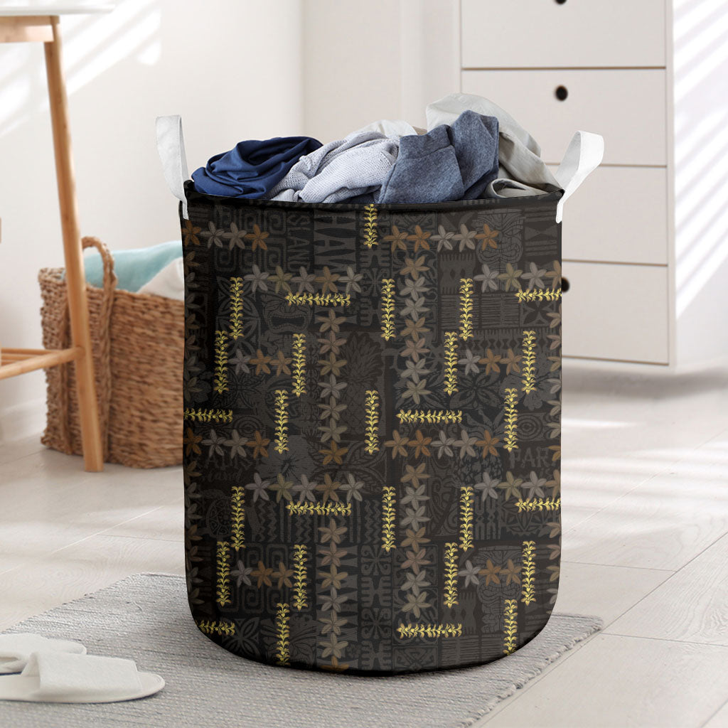 Hawaii Brown Plumeria Lei Black Laundry Basket Frangipani Floral Heritage Art LT01 Black - Polynesian Pride