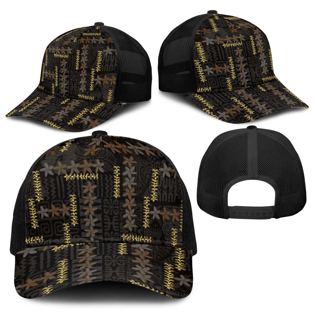 Hawaii Brown Plumeria Lei Black Baseball Net Cap Frangipani Floral Heritage Art