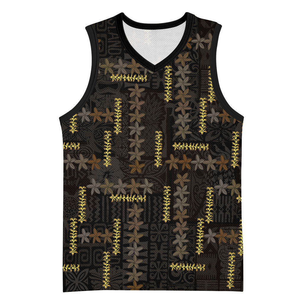 Hawaii Brown Plumeria Lei Black Basketball Jersey Frangipani Floral Heritage Art LT01 Unisex Black - Polynesian Pride