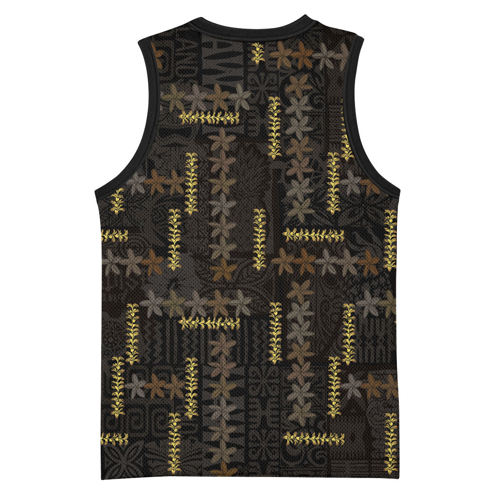 Hawaii Brown Plumeria Lei Black Basketball Jersey Frangipani Floral Heritage Art