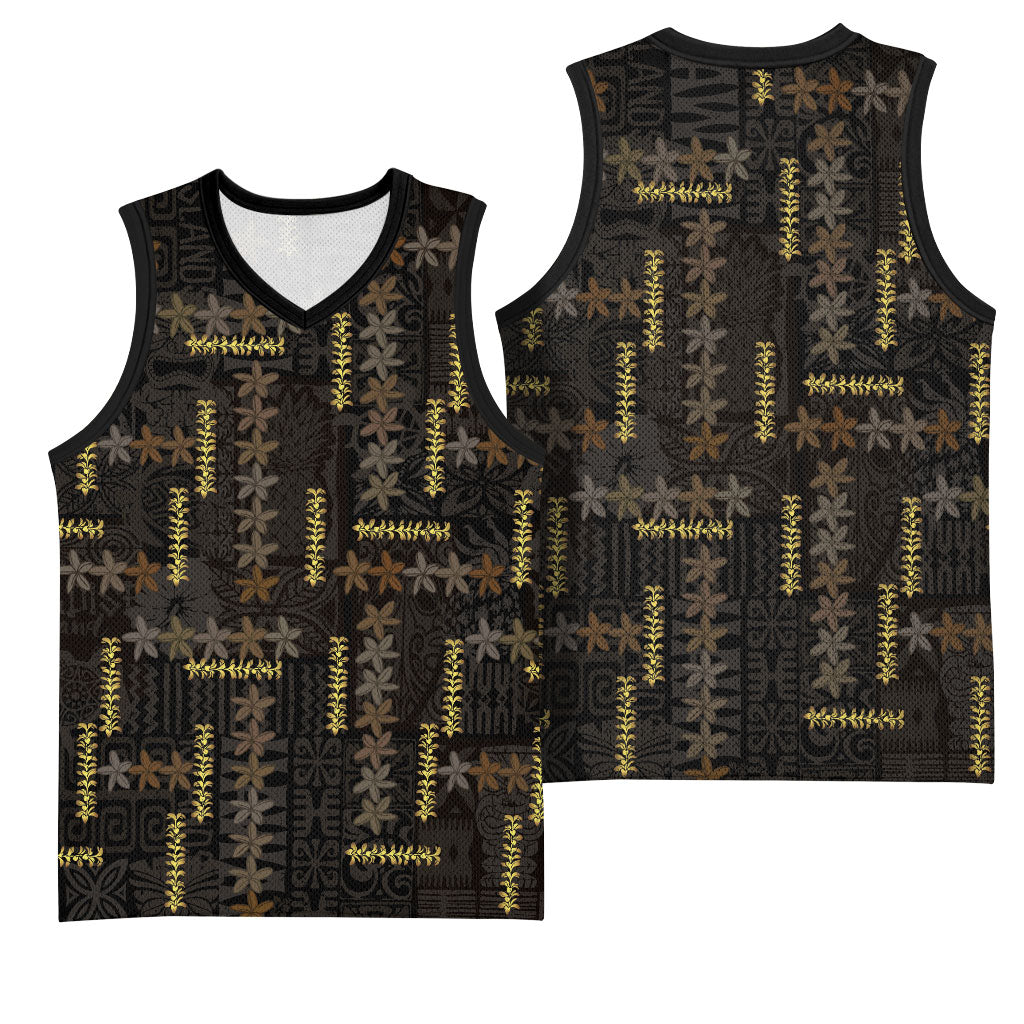 Hawaii Brown Plumeria Lei Black Basketball Jersey Frangipani Floral Heritage Art