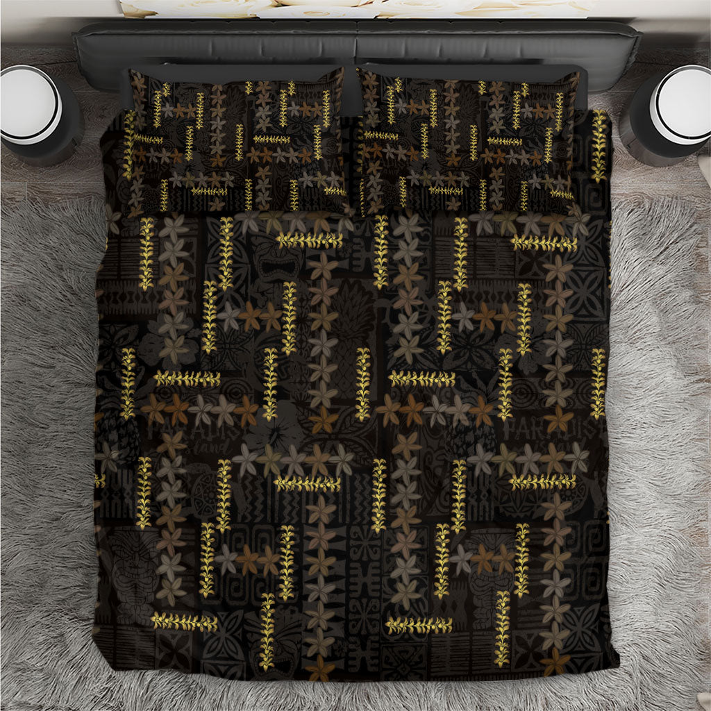 Hawaii Brown Plumeria Lei Black Bedding Set Frangipani Floral Heritage Art