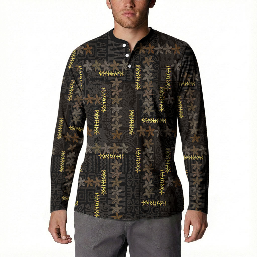 Hawaii Brown Plumeria Lei Black Button Sweatshirt Frangipani Floral Heritage Art