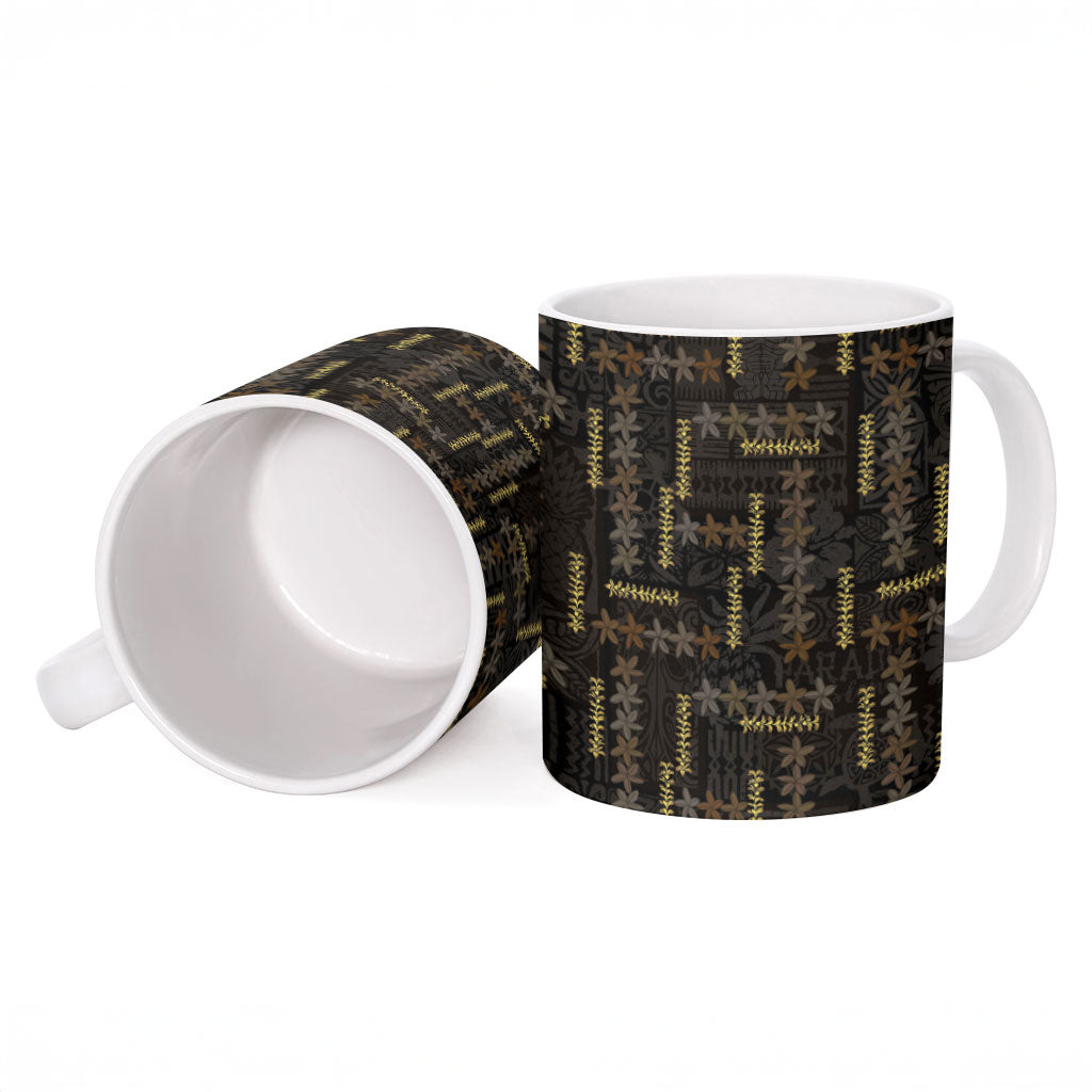 Hawaii Brown Plumeria Lei Black Ceramic Mug Frangipani Floral Heritage Art