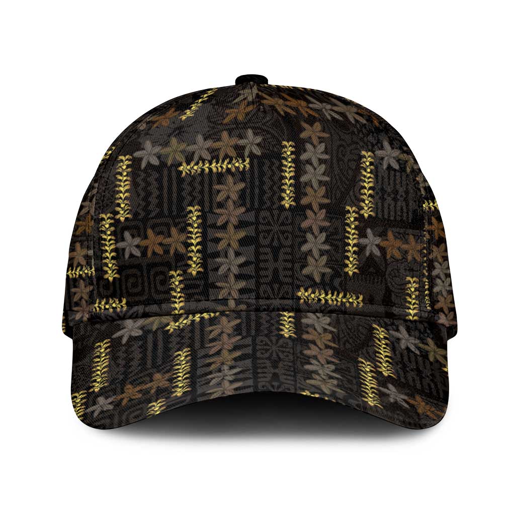 Hawaii Brown Plumeria Lei Black Classic Cap Frangipani Floral Heritage Art LT01 Universal Fit Black - Polynesian Pride