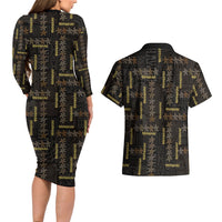 Hawaii Brown Plumeria Lei Black Couples Matching Long Sleeve Bodycon Dress and Hawaiian Shirt Frangipani Floral Heritage Art