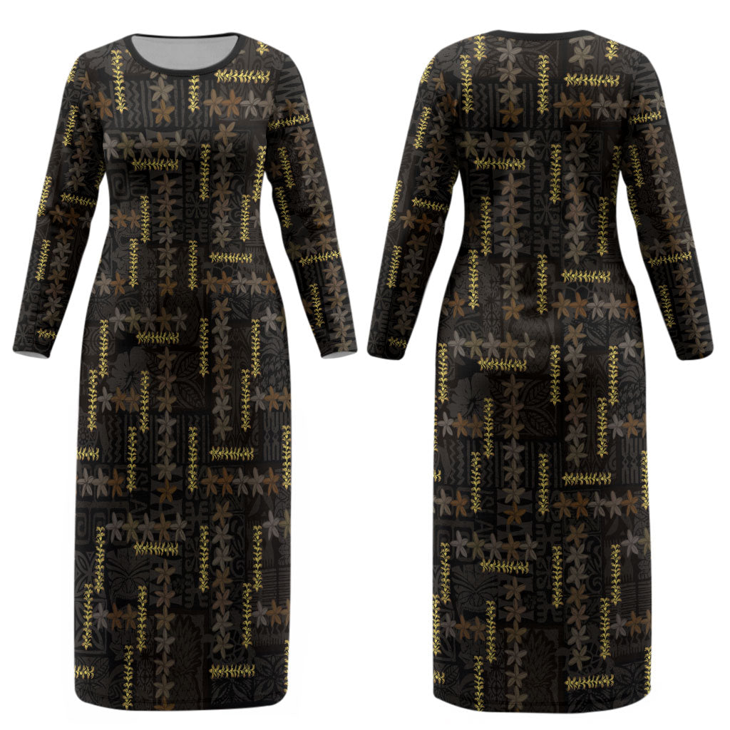 Hawaii Brown Plumeria Lei Black Couples Matching Long Sleeve Bodycon Dress and Hawaiian Shirt Frangipani Floral Heritage Art LT01 - Polynesian Pride