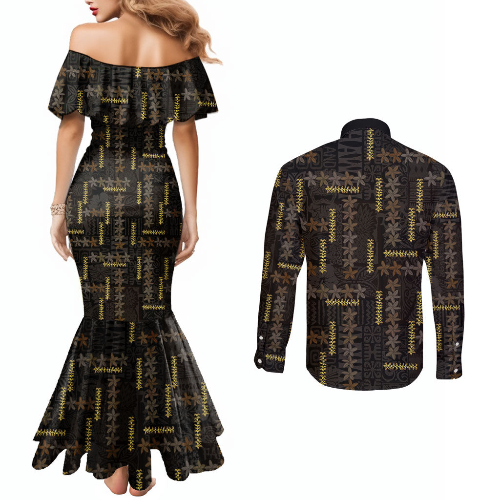 Hawaii Brown Plumeria Lei Black Couples Matching Mermaid Dress and Long Sleeve Button Shirt Frangipani Floral Heritage Art