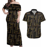 Hawaii Brown Plumeria Lei Black Couples Matching Off Shoulder Maxi Dress and Hawaiian Shirt Frangipani Floral Heritage Art