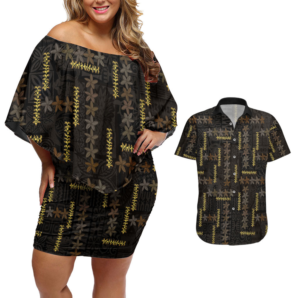 Hawaii Brown Plumeria Lei Black Couples Matching Off Shoulder Short Dress and Hawaiian Shirt Frangipani Floral Heritage Art LT01 Black - Polynesian Pride