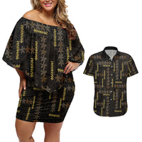 Hawaii Brown Plumeria Lei Black Couples Matching Off Shoulder Short Dress and Hawaiian Shirt Frangipani Floral Heritage Art