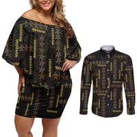 Hawaii Brown Plumeria Lei Black Couples Matching Off Shoulder Short Dress and Long Sleeve Button Shirt Frangipani Floral Heritage Art