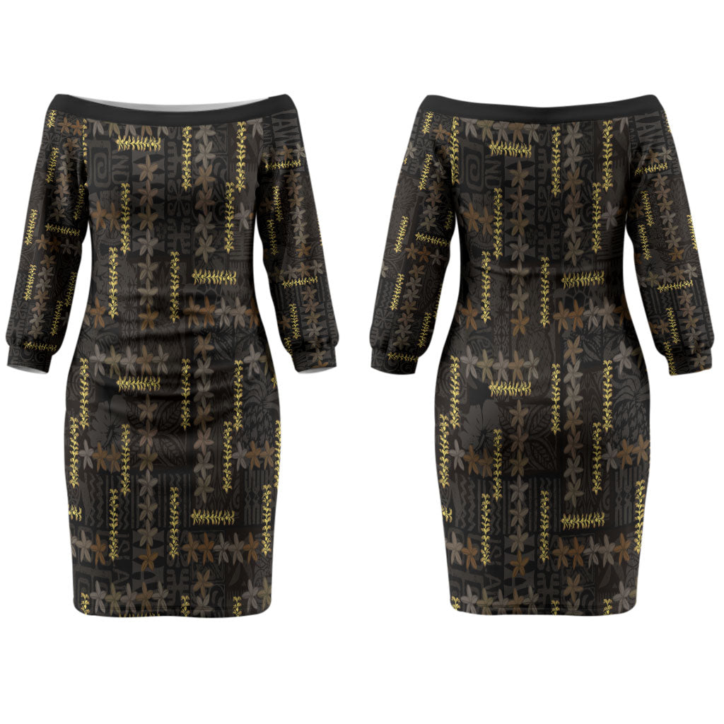 Hawaii Brown Plumeria Lei Black Couples Matching Off The Shoulder Long Sleeve Dress and Hawaiian Shirt Frangipani Floral Heritage Art LT01 - Polynesian Pride