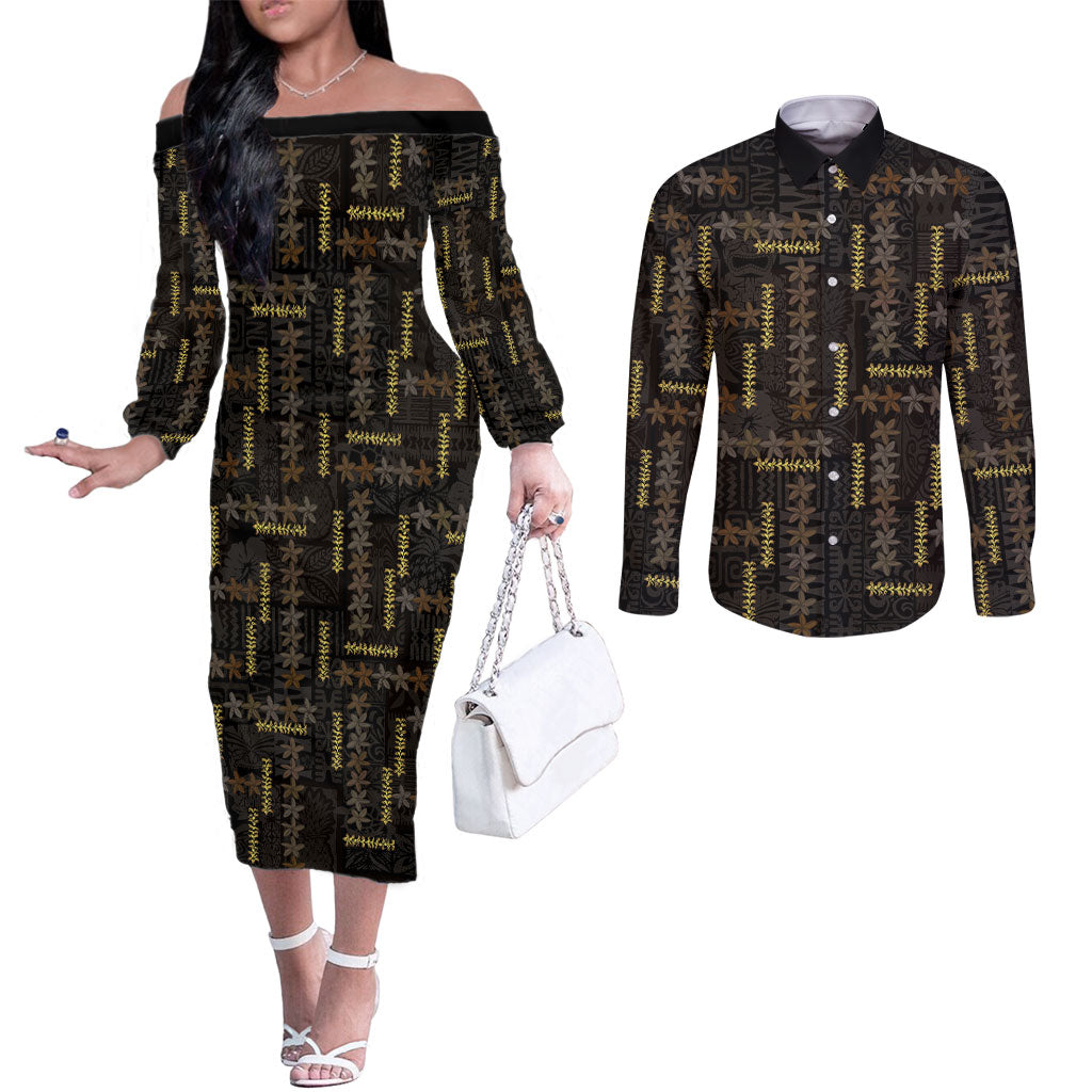 Hawaii Brown Plumeria Lei Black Couples Matching Off The Shoulder Long Sleeve Dress and Long Sleeve Button Shirt Frangipani Floral Heritage Art LT01 Black - Polynesian Pride