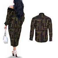 Hawaii Brown Plumeria Lei Black Couples Matching Off The Shoulder Long Sleeve Dress and Long Sleeve Button Shirt Frangipani Floral Heritage Art