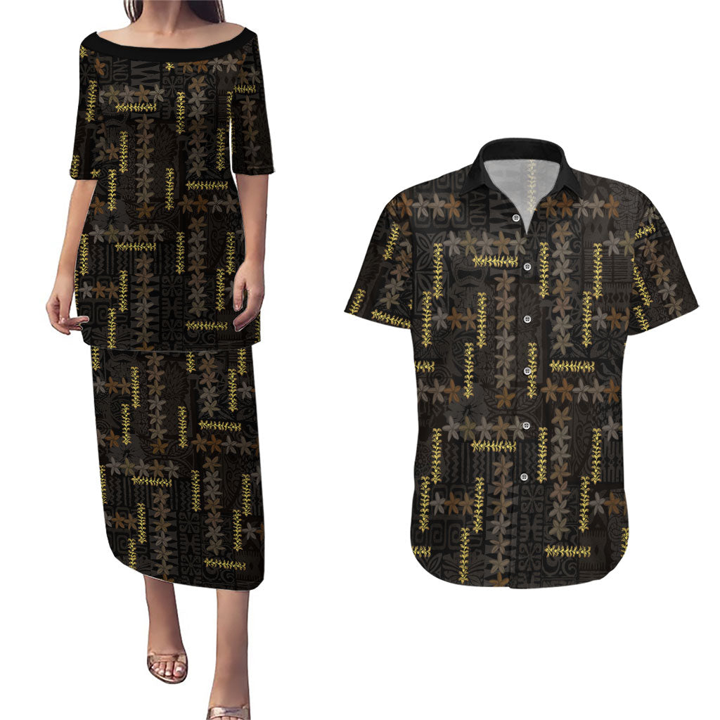 Hawaii Brown Plumeria Lei Black Couples Matching Puletasi and Hawaiian Shirt Frangipani Floral Heritage Art