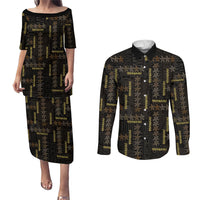 Hawaii Brown Plumeria Lei Black Couples Matching Puletasi and Long Sleeve Button Shirt Frangipani Floral Heritage Art