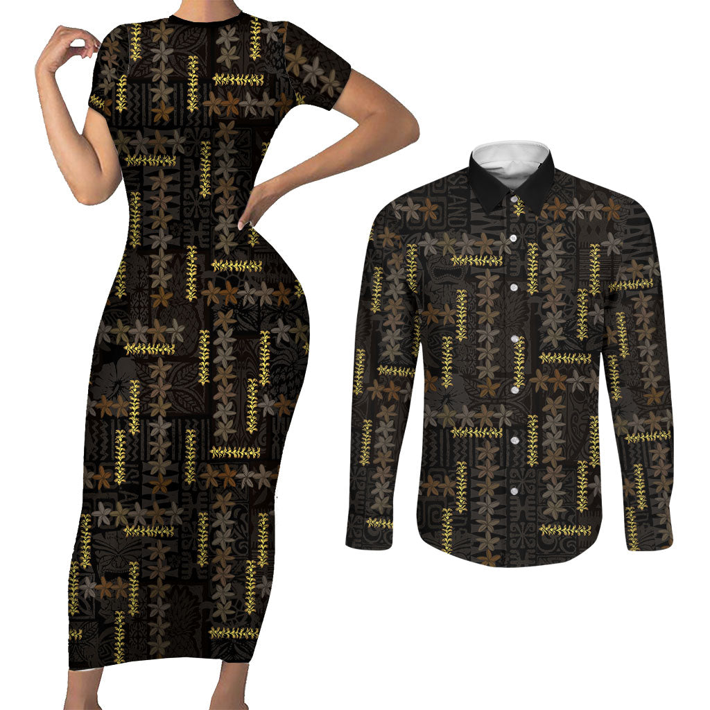 Hawaii Brown Plumeria Lei Black Couples Matching Short Sleeve Bodycon Dress and Long Sleeve Button Shirt Frangipani Floral Heritage Art