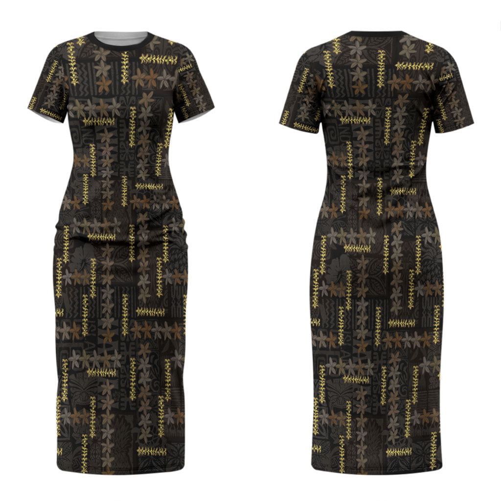 Hawaii Brown Plumeria Lei Black Couples Matching Short Sleeve Bodycon Dress and Long Sleeve Button Shirt Frangipani Floral Heritage Art LT01 - Polynesian Pride