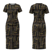 Hawaii Brown Plumeria Lei Black Couples Matching Short Sleeve Bodycon Dress and Long Sleeve Button Shirt Frangipani Floral Heritage Art LT01 - Polynesian Pride