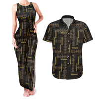 Hawaii Brown Plumeria Lei Black Couples Matching Tank Maxi Dress and Hawaiian Shirt Frangipani Floral Heritage Art