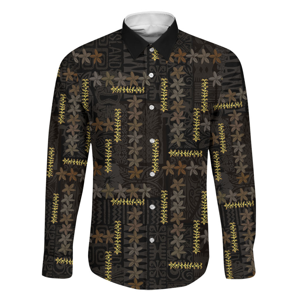 Hawaii Brown Plumeria Lei Black Family Matching Long Sleeve Bodycon Dress and Hawaiian Shirt Frangipani Floral Heritage Art