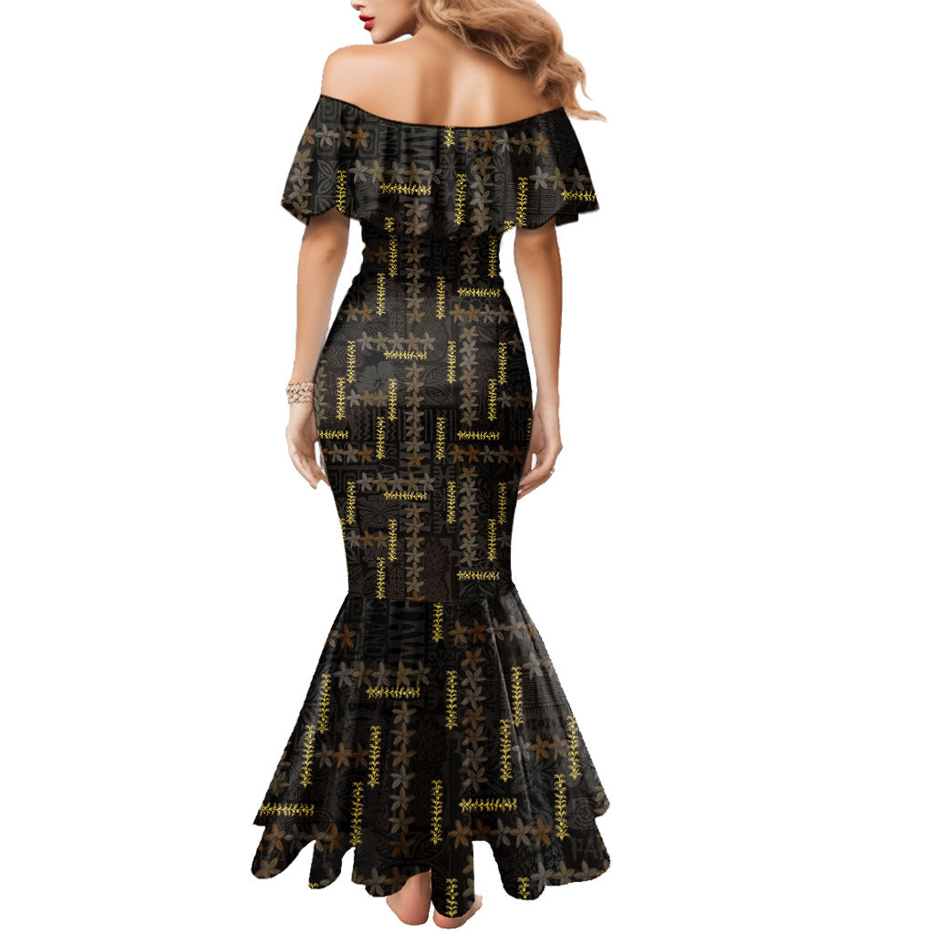 Hawaii Brown Plumeria Lei Black Family Matching Mermaid Dress and Hawaiian Shirt Frangipani Floral Heritage Art