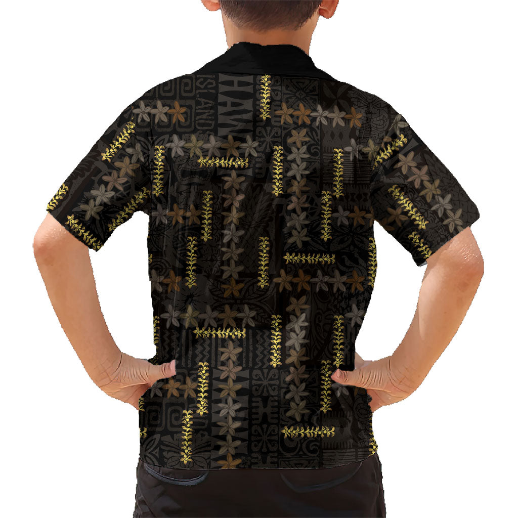 Hawaii Brown Plumeria Lei Black Family Matching Off The Shoulder Long Sleeve Dress and Hawaiian Shirt Frangipani Floral Heritage Art
