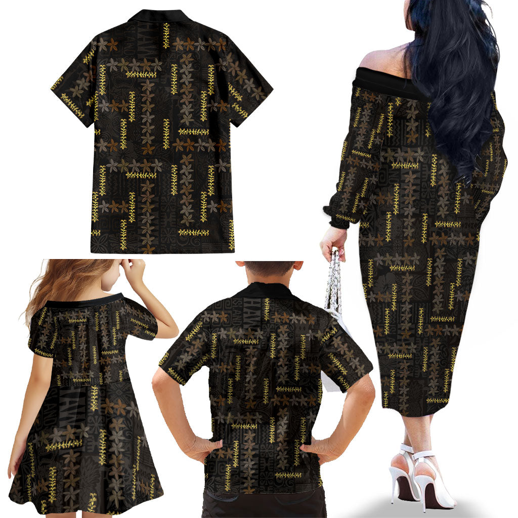 Hawaii Brown Plumeria Lei Black Family Matching Off The Shoulder Long Sleeve Dress and Hawaiian Shirt Frangipani Floral Heritage Art