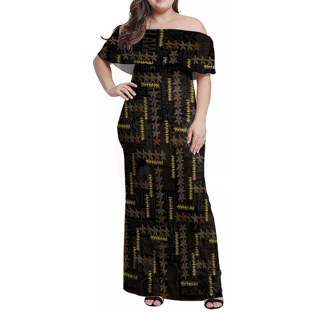 Hawaii Brown Plumeria Lei Black Family Matching Off Shoulder Maxi Dress and Hawaiian Shirt Frangipani Floral Heritage Art