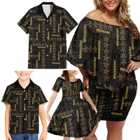 Hawaii Brown Plumeria Lei Black Family Matching Off Shoulder Short Dress and Hawaiian Shirt Frangipani Floral Heritage Art