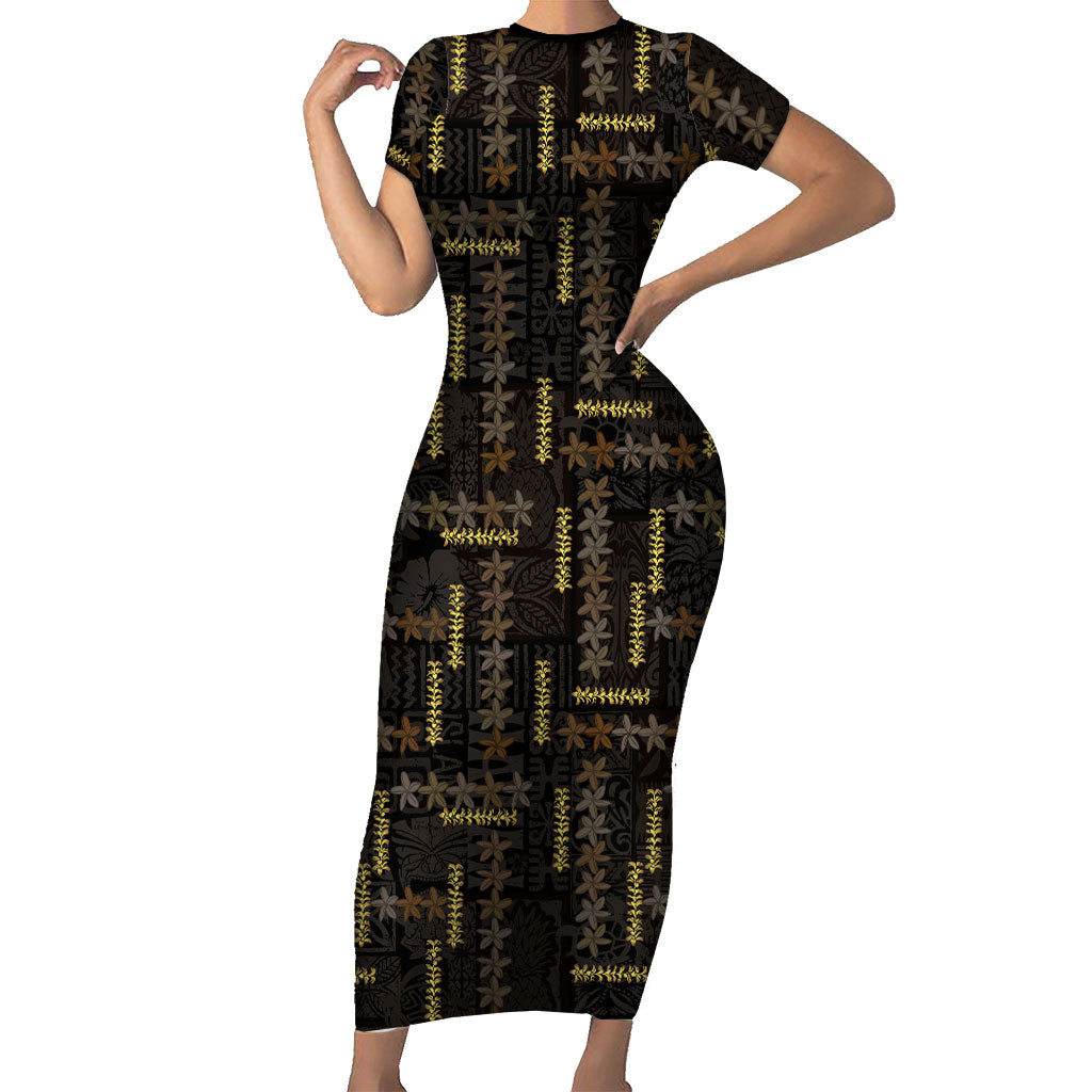 Hawaii Brown Plumeria Lei Black Family Matching Short Sleeve Bodycon Dress and Hawaiian Shirt Frangipani Floral Heritage Art