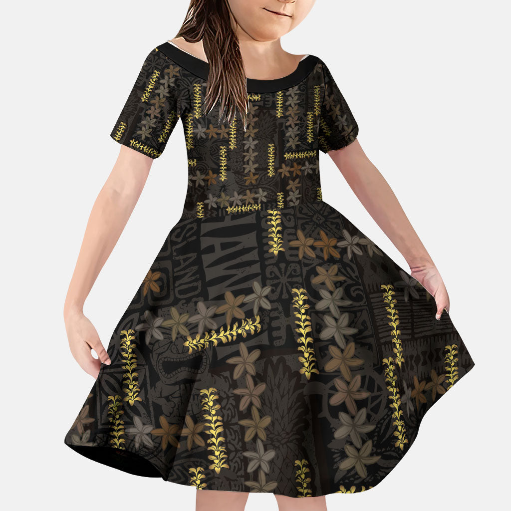 Hawaii Brown Plumeria Lei Black Family Matching Summer Maxi Dress and Hawaiian Shirt Frangipani Floral Heritage Art