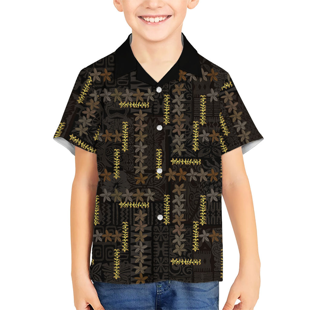 Hawaii Brown Plumeria Lei Black Family Matching Summer Maxi Dress and Hawaiian Shirt Frangipani Floral Heritage Art