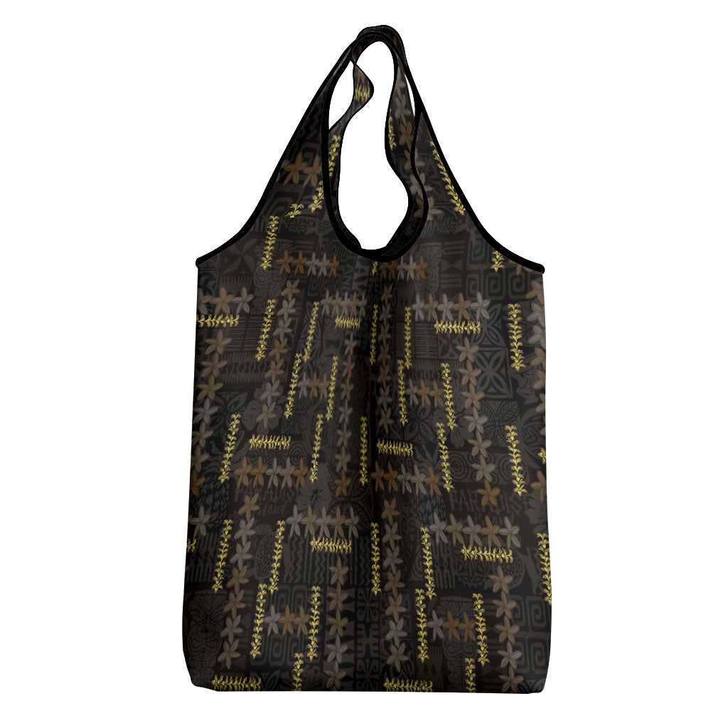 Hawaii Brown Plumeria Lei Black Grocery Bag Frangipani Floral Heritage Art