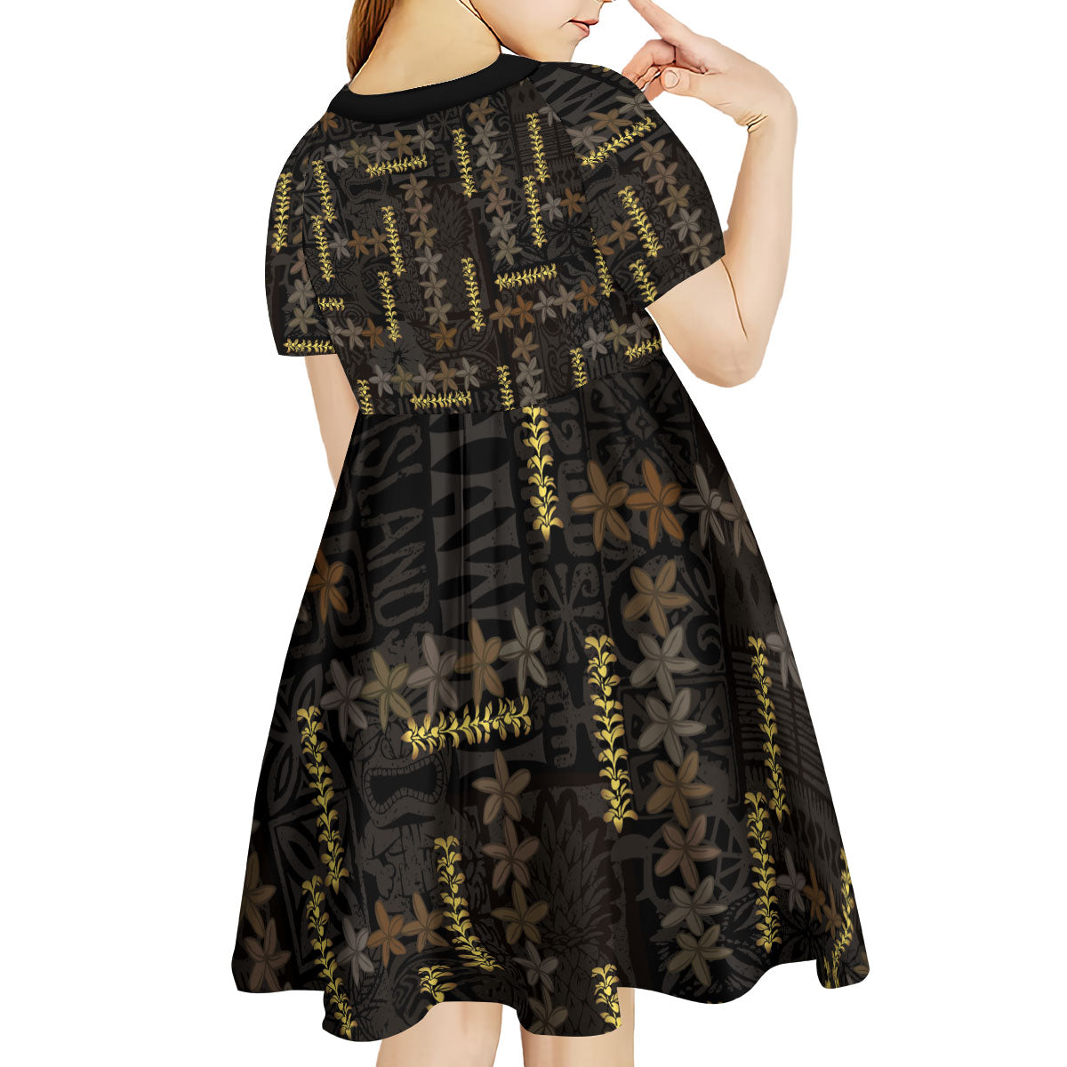 Hawaii Brown Plumeria Lei Black Kid Short Sleeve Dress Frangipani Floral Heritage Art