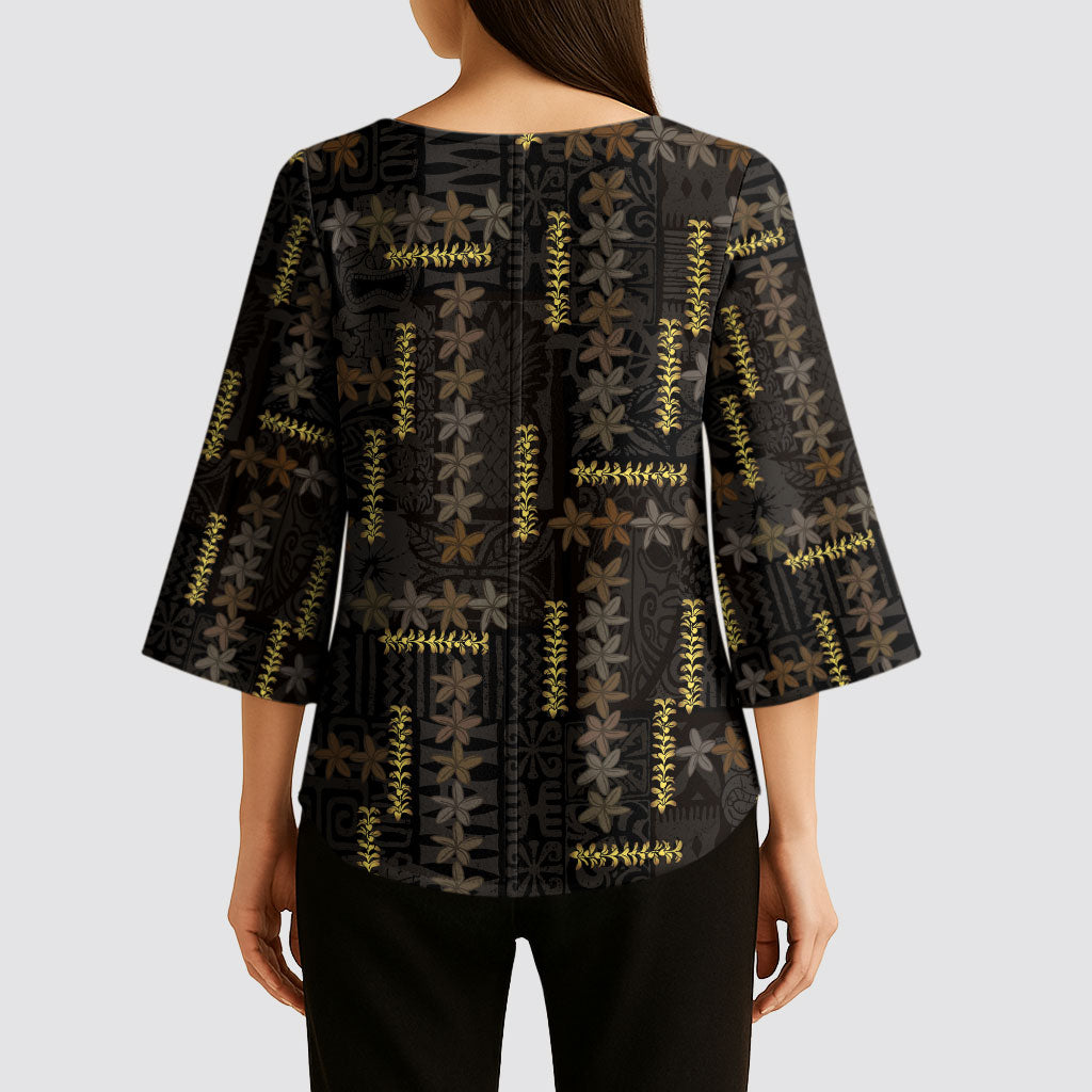 Hawaii Brown Plumeria Lei Black Kimono Sleeve Blouse Frangipani Floral Heritage Art