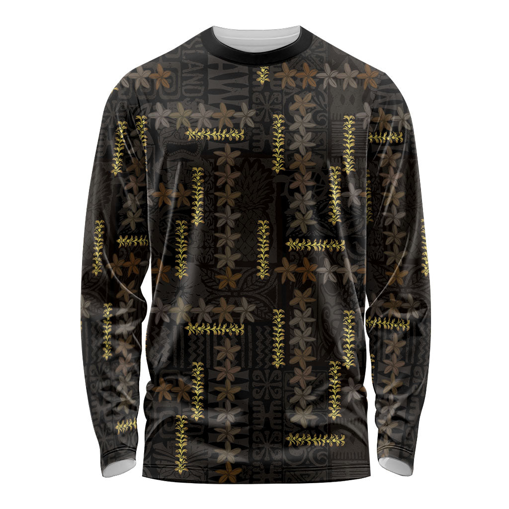 Hawaii Brown Plumeria Lei Black Long Sleeve Shirt Frangipani Floral Heritage Art