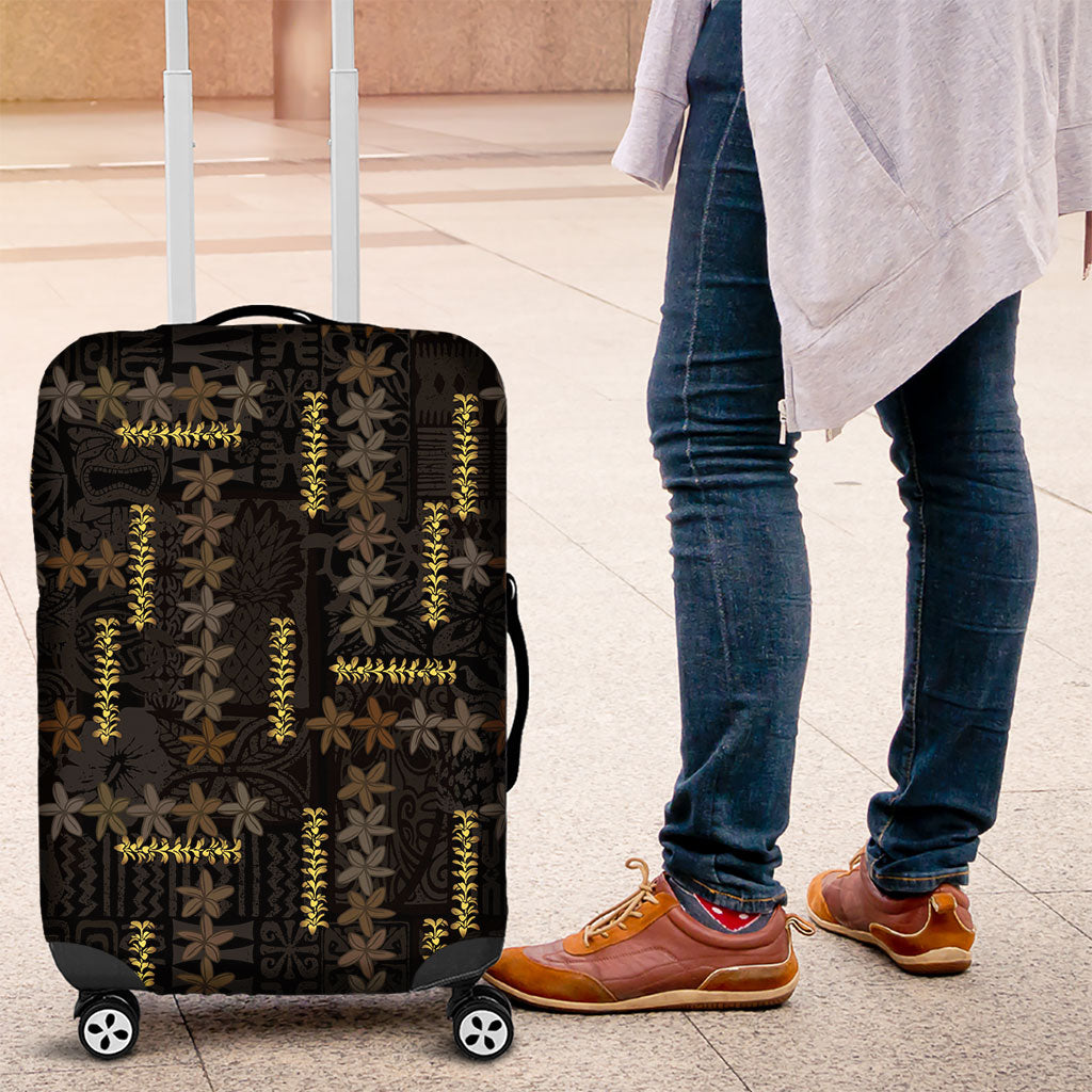 Hawaii Brown Plumeria Lei Black Luggage Cover Frangipani Floral Heritage Art