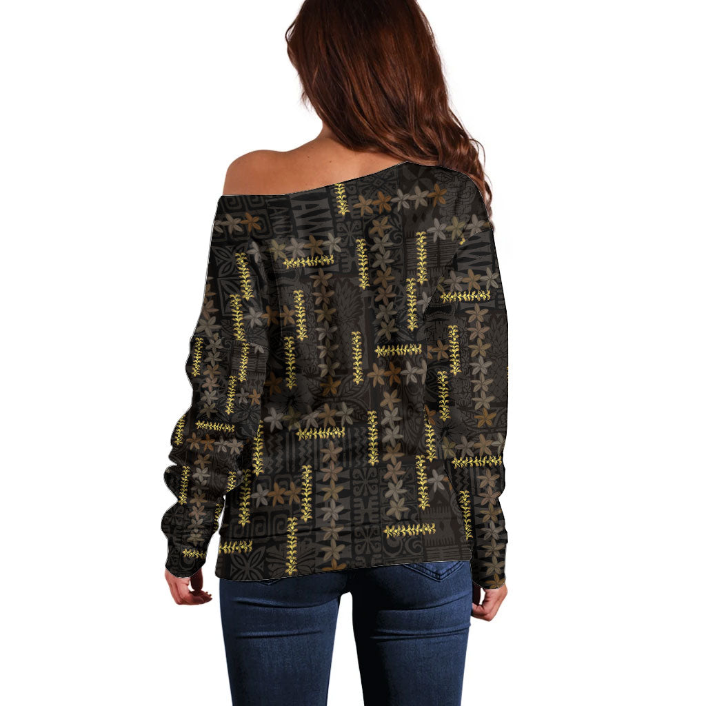 Hawaii Brown Plumeria Lei Black Off Shoulder Sweater Frangipani Floral Heritage Art