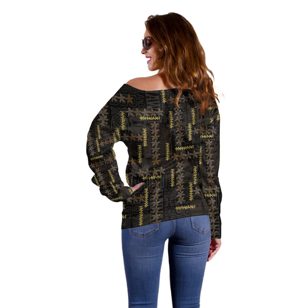 Hawaii Brown Plumeria Lei Black Off Shoulder Sweater Frangipani Floral Heritage Art