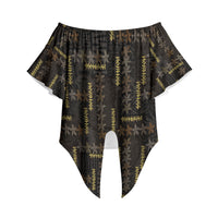 Hawaii Brown Plumeria Lei Black Off Shoulder Wrap Waist Top Frangipani Floral Heritage Art LT01 Black - Polynesian Pride