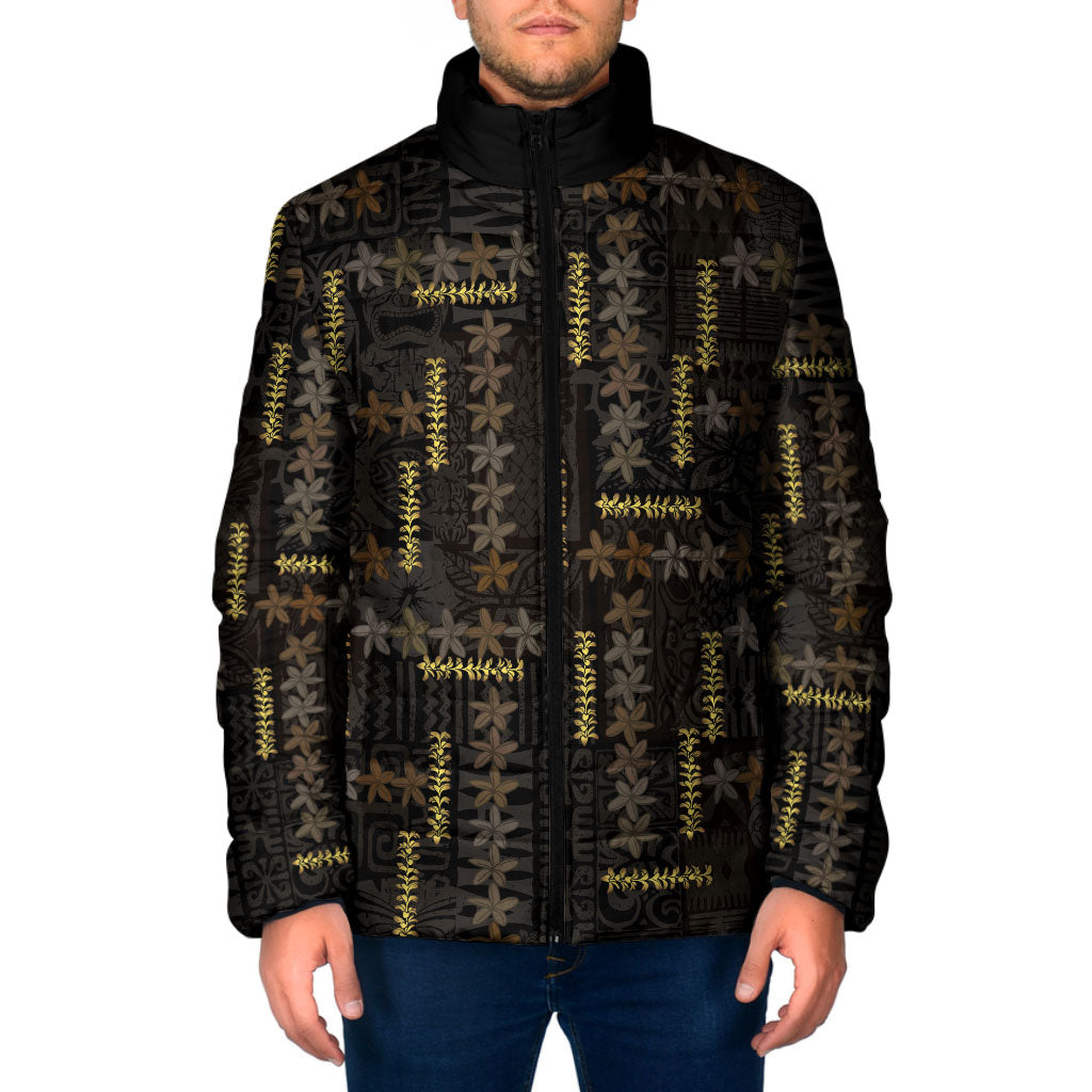 Hawaii Brown Plumeria Lei Black Padded Jacket Frangipani Floral Heritage Art LT01 Men Black - Polynesian Pride